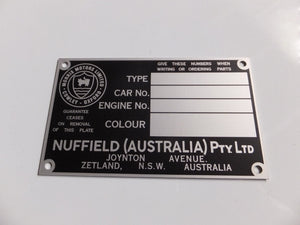 Australian BMC / Nuffield Chassis Identification Plate - 4 Window Type
