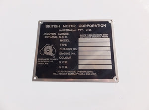 Australian BMC / Nuffield Chassis Identification Plate - Suits Utes / Vans - Type 1
