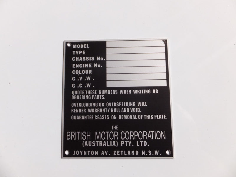 Australian BMC / Nuffield Chassis Identification Plate - Suits Utes / Vans - Type 2